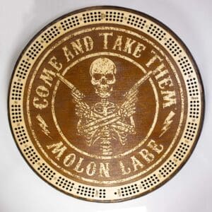 "Come and Take Them"  "Molan Labe" Spartan Pirate Cribbage Board | 3-Track, 120-Point Round Game with Pegs & Cards