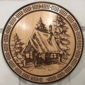 Snow Covered Cabin Cribbage Board | 3-Track, 120-Point Round Game with Pegs & Cards