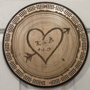 Initials Carved in a Tree Romantic Cribbage Board | 3-Track, 120-Point Round Game with Pegs & Cards