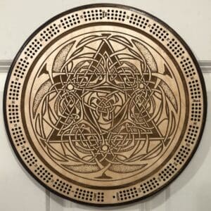 Celtic Knot Merkabah Sacred Geometry Cribbage Board | 3-Track, 120-Point Round Game with Pegs & Cards