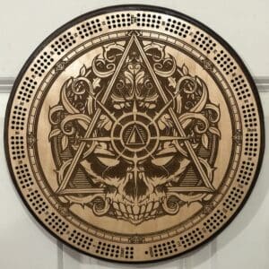 Celtic Aztec Skull Cribbage Board | 3-Track, 120-Point Round Game with Pegs & Cards