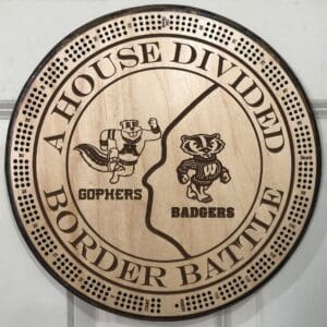 "House Divided, Border Battle" MN Gophers & WI Badgers NCAA College Cribbage Board | 3-Track, 120-Point Round Game with Pegs & Cards