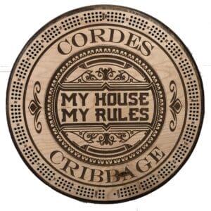 My House, My rules, Custom Name Cribbage Board | 3-Track, 120-Point Round Game with Pegs & Cards