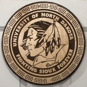 University of North Dakota Fighting Sioux Cribbage Board | 3-Track, 120-Point Round Game with Pegs & Cards