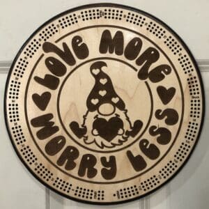 "Love More, Worry Less" Heart Gnome Cribbage Board | 3-Track, 120-Point Round Game with Pegs & Cards