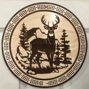 Mountain Deer, Rustic Cribbage Board | 3-Track, 120-Point Round Game with Pegs & Cards