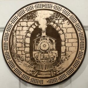 Train Tunnel Cribbage Board | 3-Track, 120-Point Round Game with Pegs & Cards
