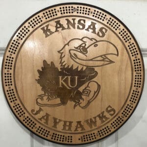 Kansas Jayhawks Cribbage Board | 3-Track, 120-Point Round Game with Pegs & Cards