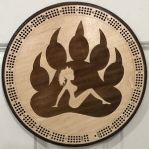 Bear Paw and Mudflap Girl Cribbage Board | 3-Track, 120-Point Round Game with Pegs & Cards