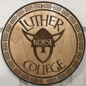 Luther College Norse Cribbage Board | 3-Track, 120-Point Round Game with Pegs & Cards