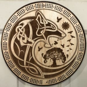 Celtic Wolf Yin-Yang Cribbage Board Cribbage Board | 3-Track, 120-Point Round Game with Pegs & Cards