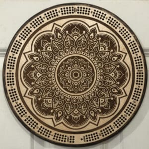 Mandala Sacred Geometry Cribbage Board | 3-Track, 120-Point Round Game with Pegs & Cards
