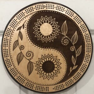 Sun Flower Yin-Yang Cribbage Board | 3-Track, 120-Point Round Game with Pegs & Cards