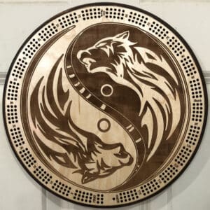 Dual Wolf Yin-Yang Cribbage Board | 3-Track, 120-Point Round Game with Pegs & Cards