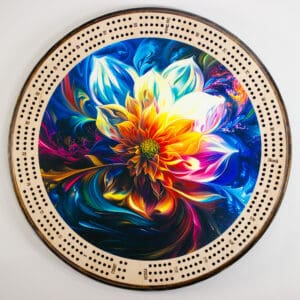 Blooming Aurora Flower Cribbage Board | 3-Track, 120-Point Round Game with Pegs & Cards