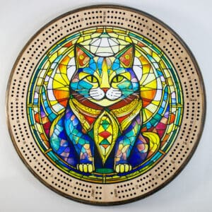 Chonky Stained Glass Cat Cribbage Board | 3-Track, 120-Point Round Game with Pegs & Cards