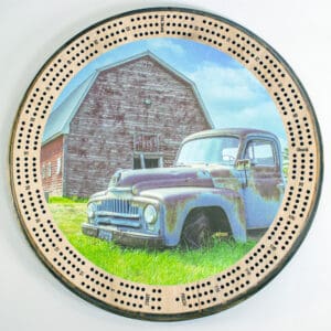 Classic Farm Truck and Barn Cribbage Board | 3-Track, 120-Point Round Game with Pegs & Cards