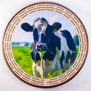 Cow in Field Cribbage Board | 3-Track, 120-Point Round Game with Pegs & Cards