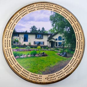 Custom Real Estate (Home) Photo Cribbage Board | 3-Track, 120-Point Round Game with Pegs & Cards
