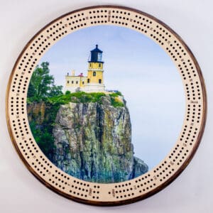 Split Rock Lighthouse Cribbage Board | 3-Track, 120-Point Round Game with Pegs & Cards