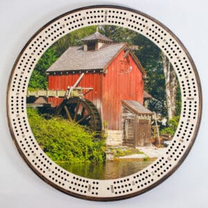 Rustic Watermill Cribbage Board | 3-Track, 120-Point Round Game with Pegs & Cards